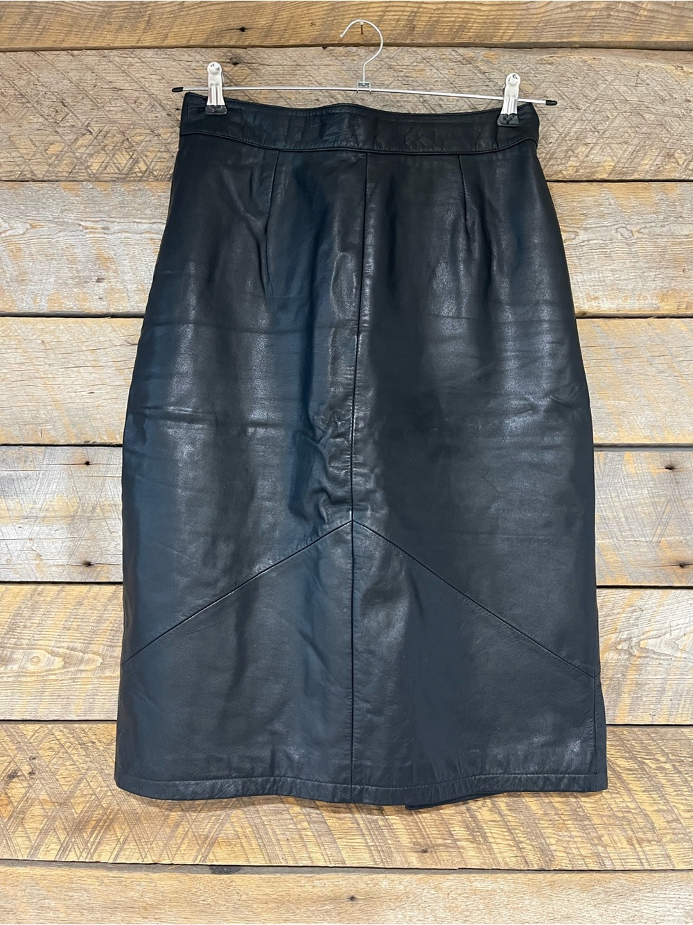 Pelle Cuir Vintage 80s Black Leather Pencil Midi Skirt High Rise Paneling Sz 12